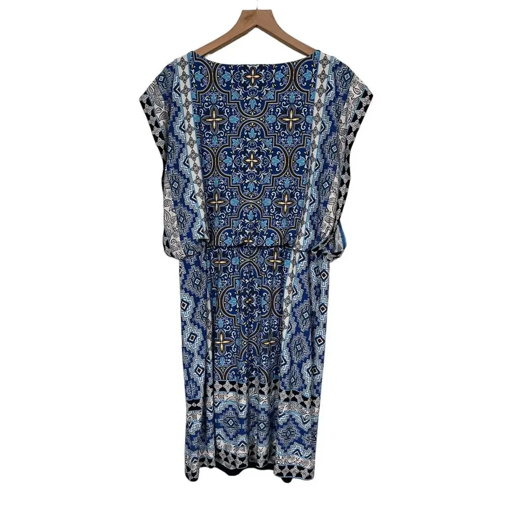 Chicos Womens Blue Blouson Dolman Sleeve Mixed Media Print Dress Size Large